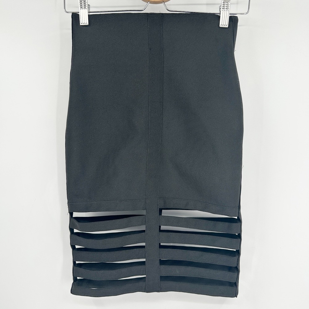 Akira Womens Bondage Bodycon Pencil Skirt Size S Black Cutout Strappy Hem Detail
